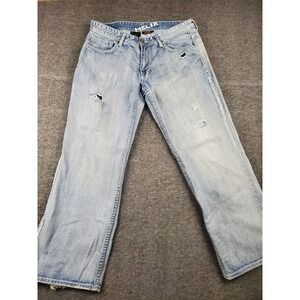 Helix Jeans Mens 34x30 Loose Straight Blue Denim Embroidered Y2k Distressed